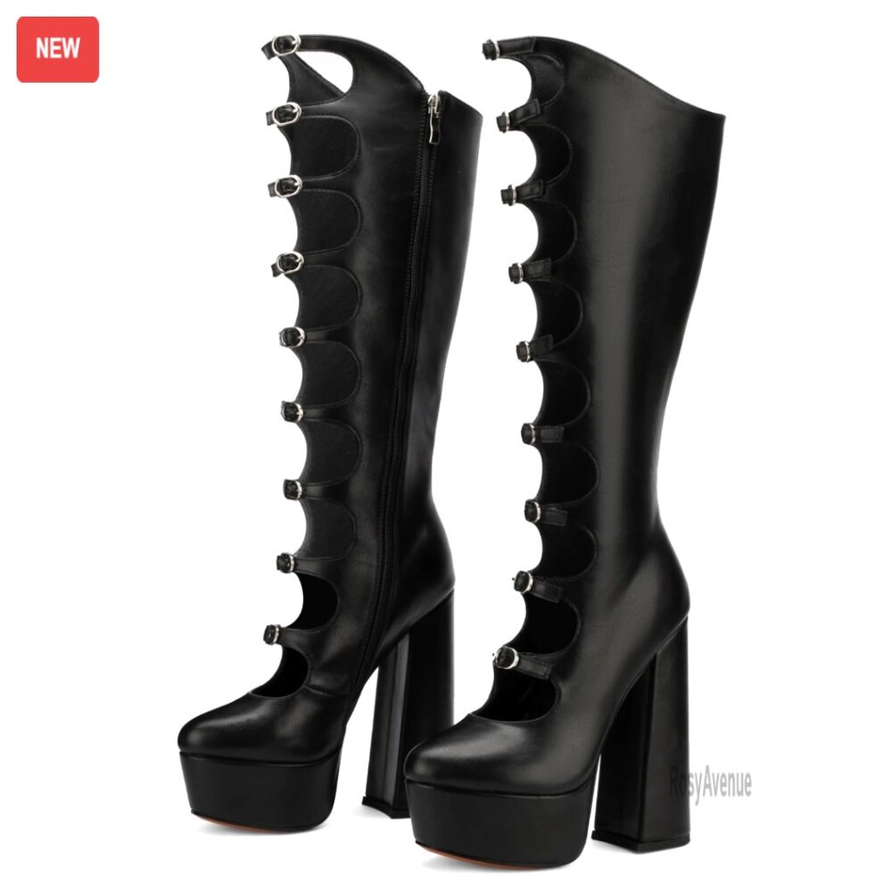 Knee High Platform Boots Chunky Heel Buckle Detail Gothic Punk Style